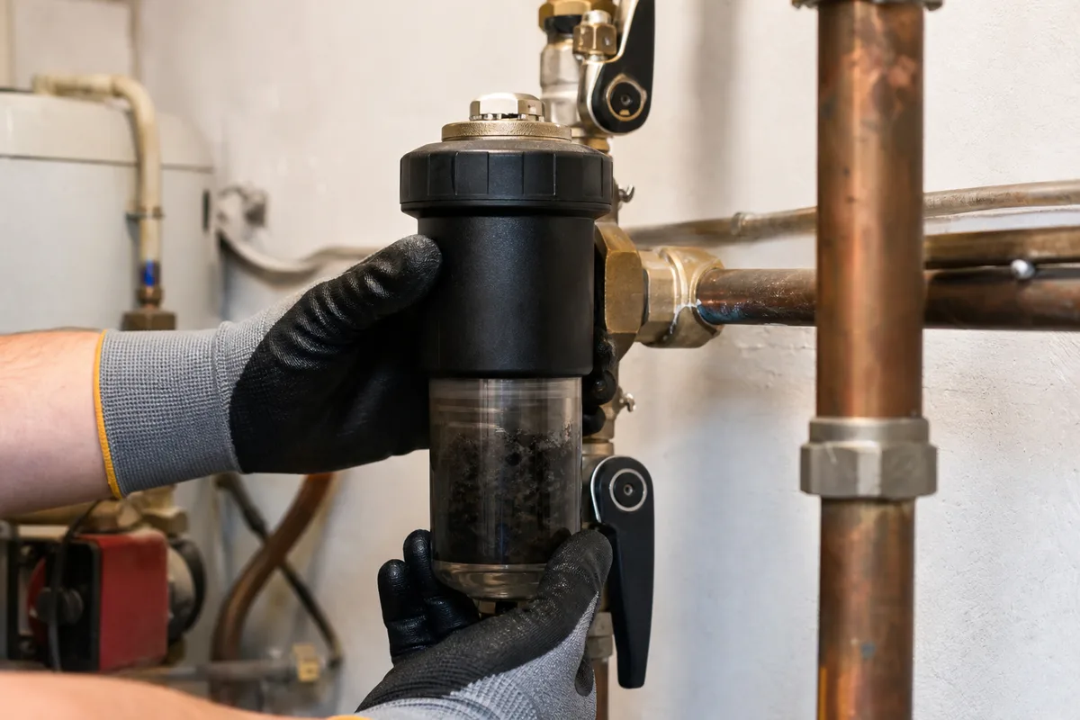 Filtre magnétique cylindrique monté sur le tuyau de retour de chauffage, mains d&rsquo;un technicien dévissant le bol de décantation rempli de particules noires