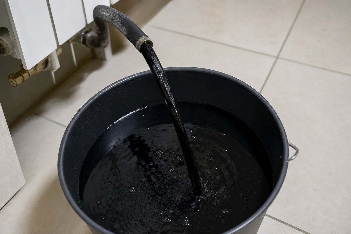 Eau de vidange noire et opaque s&rsquo;écoulant d&rsquo;un flexible dans un seau posé sur un carrelage clair, jet net et reflets