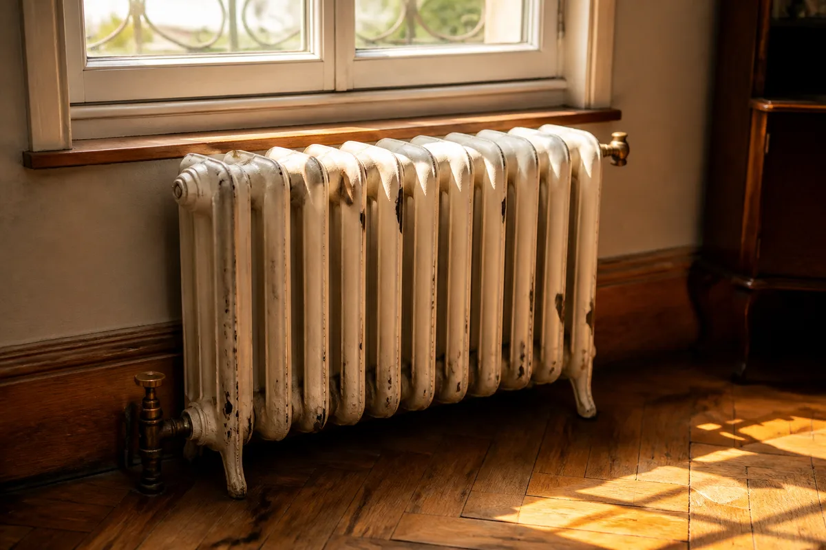 Radiateur en fonte à colonnes, peinture claire écaillée, purgeur en laiton patiné, plinthe en bois, lumière rasante de fin d’après-midi