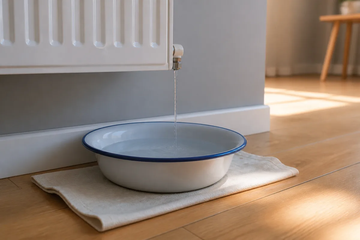 Bassine émaillée posée sur un parquet clair sous un radiateur en acier blanc, chiffon plié, filet d’eau claire, ambiance domestique calme