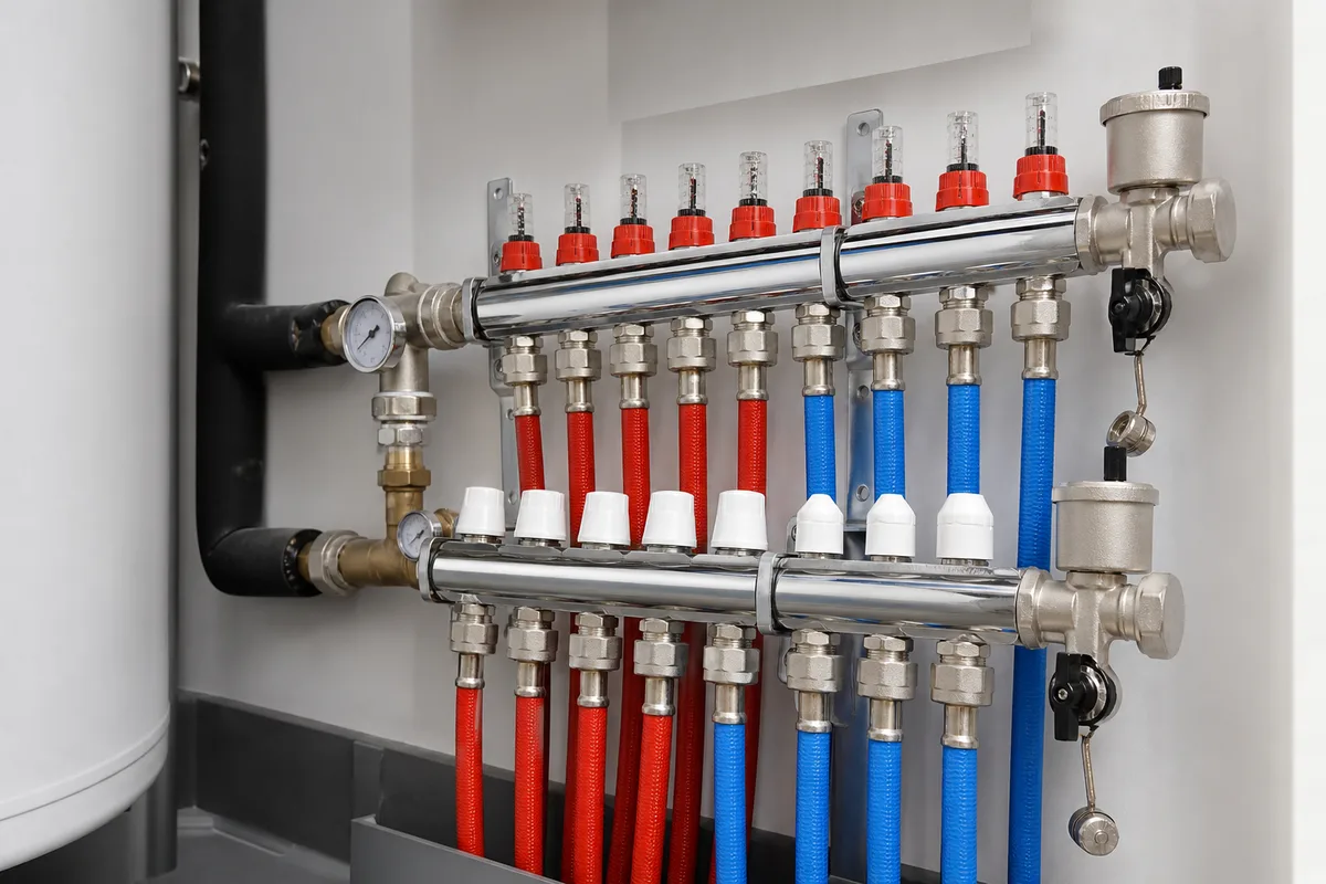 Collecteur de plancher chauffant avec vannes métalliques et tubes rouges et bleus dans un placard technique
