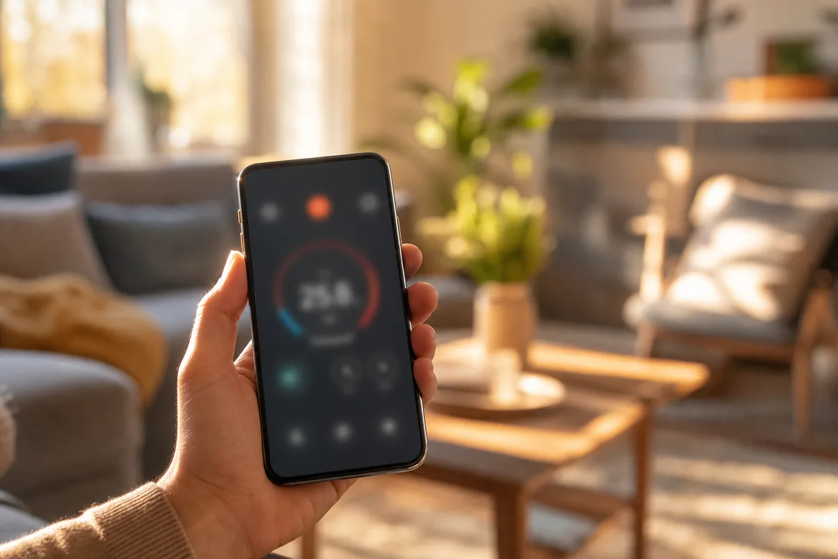 Main réglant une application de pilotage du chauffage sur un smartphone dans un salon lumineux